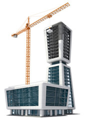 Fototapeta premium The building of the business center under construction. Building crane with cargo. 3d image isolated on white.