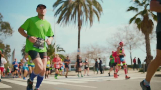 Sun shines on the palm seaside beach in Barcelona where unrecognizable runners participate in the healthy and sporty running event on the charitable occasion