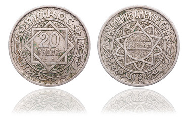 Coin 20 francs with reflection. Kingdom of Morocco. French protectorate. year 1953