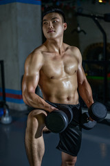 Fototapeta na wymiar Handsome young athletic Chinese man doing exercises with dumbbells in the gym. Athletic male with beautiful big muscles chest and biceps of the hands.