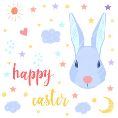 Happy easter greeting. Handwritten easter quote and hand drawn rabbit