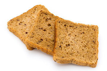 Rye bread slice on a white background.