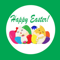 Happy Easter greeting card. Chicks in easter eggs. Easter eggs. Vector illustration.