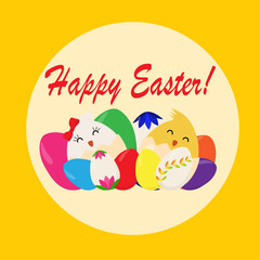 Happy Easter greeting card. Chicks in easter eggs. Easter eggs. Vector illustration.
