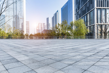 Empty floor with modern business office building