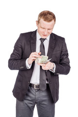man holding a money isolated on white background