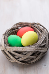 Easter eggs in the nest. Spring discount card.