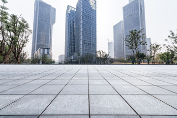 Empty floor with modern business office building