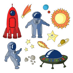 Color vector icons set picture drawing hands on the space theme isolated on white background, astronaut, rocket, ufo, sun, stars, planets, comets, asteroids