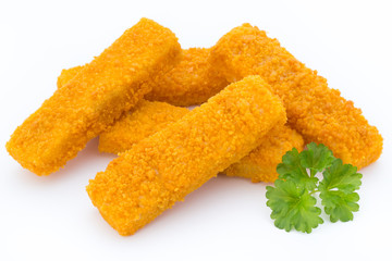 Fish fingers on the white background.