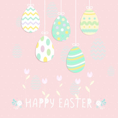 Happy Easter cute poster With hanging eggs, Flowers. Vector illustration. Wallpaper, flyers, brochure,voucher.