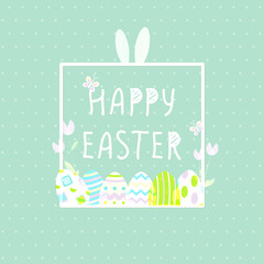 Happy Easter With eggs, Rabbit. Square poster. Vector illustration templte. Wallpaper, flyers, brochure,voucher.