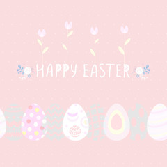 Happy Easter cute poster With eggs, Flowers. Vector illustration. Wallpaper, flyers, brochure,voucher.