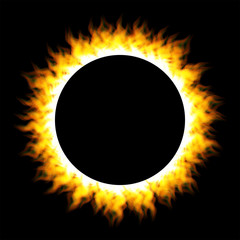 Burning fire circle isolated on black background, Round shape surrounded with transparent fire and glow. Vector illustration for logos, cards, print products or other design.