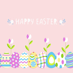 Happy Easter cute poster With eggs, Flowers. Vector illustration. Wallpaper, flyers, brochure,voucher.