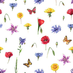 Panele Szklane Podświetlane  Kwiaty polne, motyle, zioła. Bezszwowe tło lato. Akwarela