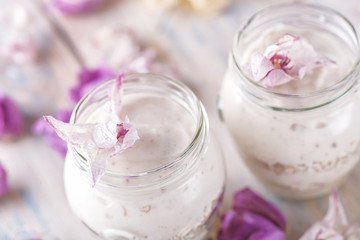 Home-made yogurt close-up with flowers