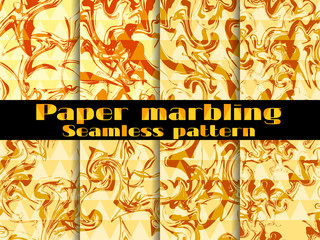 Marbling seamless pattern set. Marbled paper watercolor. Drawing on the water. Grunge textures. Vector illustration