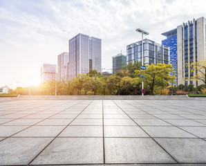 Empty floor with modern business office building