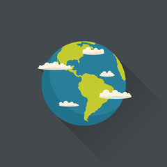 Vector planet Earth with clouds in flat style. Flat design illustration.