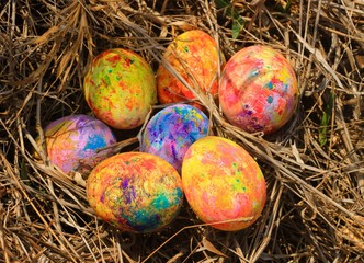 Painted Easter eggs hidden on the grass, ready for the easter egg hunt traditional play game