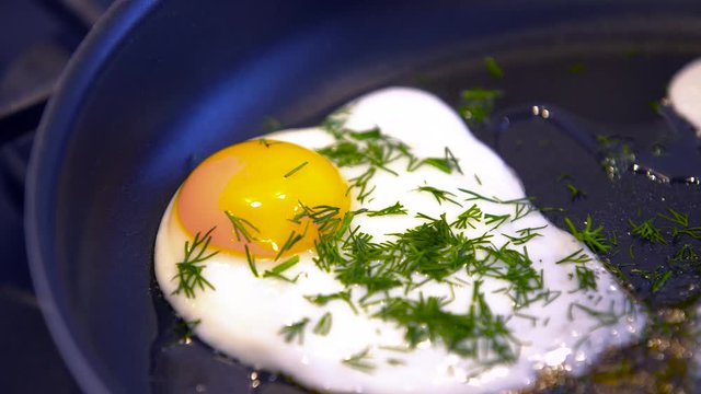 Fried egg  sprinkled with parsley on a black frying pan closeup 