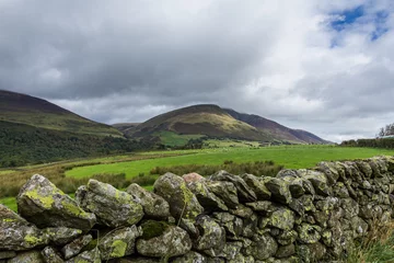 Fotobehang Dry Stone Wall among the green fields with mountain in the background in the Lake District © GT-Films