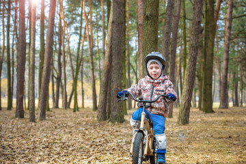 Naklejka premium Happy kid boy of 3 or 5 years having fun in autumn forest with a bicycle on beautiful fall day. Active child wearing bike helmet. Safety, sports, leisure with kids concept.