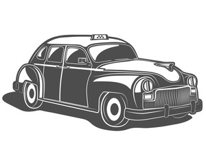 Vector illustration of a retro car taxi in black and white on a white background for logos, badges, design, print and the web