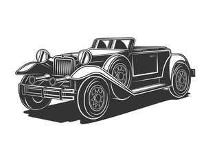 Vector illustration of a retro car in black and white on a white background for logos, badges, design, print and the web