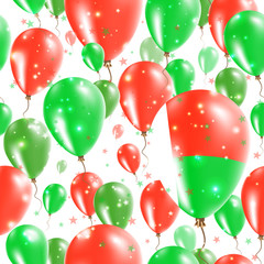 Madagascar Independence Day Seamless Pattern. Flying Rubber Balloons in Colors of the Malagasy Flag. Happy Madagascar Day Patriotic Card with Balloons, Stars and Sparkles.