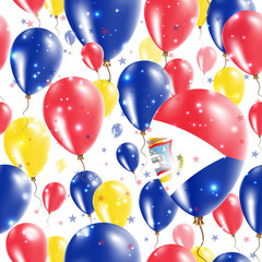 Sint Maarten Independence Day Seamless Pattern. Flying Rubber Balloons in Colors of the Dutch Flag. Happy Sint Maarten Day Patriotic Card with Balloons, Stars and Sparkles.