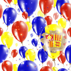 Andorra Independence Day Seamless Pattern. Flying Rubber Balloons in Colors of the Andorran Flag. Happy Andorra Day Patriotic Card with Balloons, Stars and Sparkles.