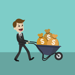 Happy businessman or manager goes with a wheelbarrow full of cash