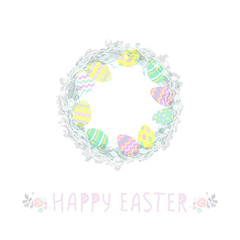 Cute Easter eggs in a wicker nest, greeting card on a white background. willow. Wallpaper, flyers, web design, brochure,voucher. Vector illustration