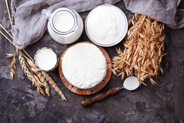 Tzfat cheese, milk and wheat grains. Symbols of judaic holiday Shavuot