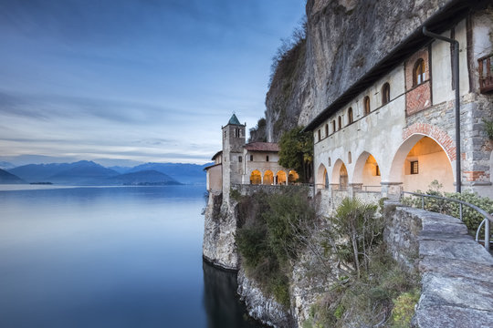 The old monastery of Santa Caterina del Sasso Ballaro, overlooking Lake Maggiore, Leggiuno, Varese Province, Lombardy, Italy.