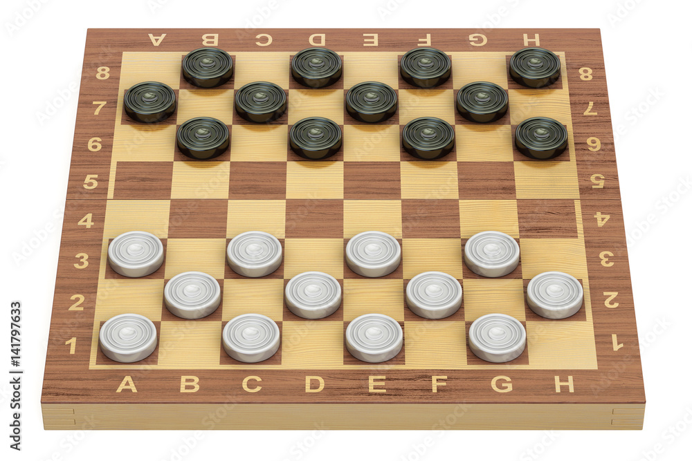 Poster checkers game board and pieces, 3d rendering