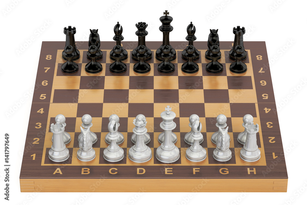 Poster chess board with figures, top view. 3d rendering
