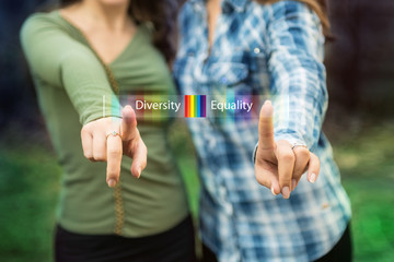 Homosexual couple pressing rainbow flag sign. Women choosing diversity and equality sing on virtual...