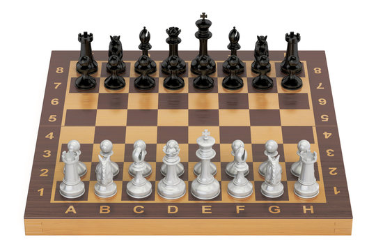Chess board with figures, top view. 3D rendering