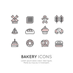 Vector Icon Style Illustration Logo Set of Bakery Sweet Shop, Custom Cake Production, Bread Factory, Pretzel and Waffle, Donut, Cookie, Isolated Minimalistic Object