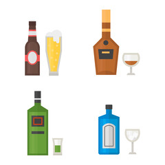Alcohol drinks beverages cocktail whiskey drink bottle lager refreshment container and menu drunk concept different bottle and glasses vector illustration.