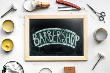 barbershop for men with tools on white background top view