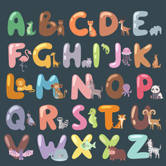 Cute zoo alphabet with cartoon animals isolated and funny letters wildlife learn typography cute language vector illustration.