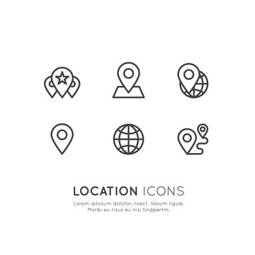 Vector Icon Style Illustration Logo Set Of Geo Location Tag, Proximity Marketing, Global Network Connection, Location Identification, Isolated Minimalistic Object