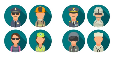 Icon people - soldier, officer, pilot, marine, sailor, police, bodyguard, fireman, paramedic.