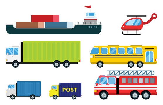 Transport delivery vector isolated white transportation car bus van fire truck helicopter ship silhouette icon tanker business logistic shipment set