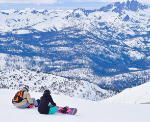 Snowboarders Take in the View at the Summit of Mammoth Mountain Ski Area