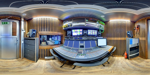 3d panorama inside huge broadcast obvan sound space of audio engineer pano 360 panorama of ob van in equirectangular spherical equidistant projection sound director control module